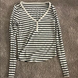 American Eagle Outfitters Black and White Striped V-Neck Blouse